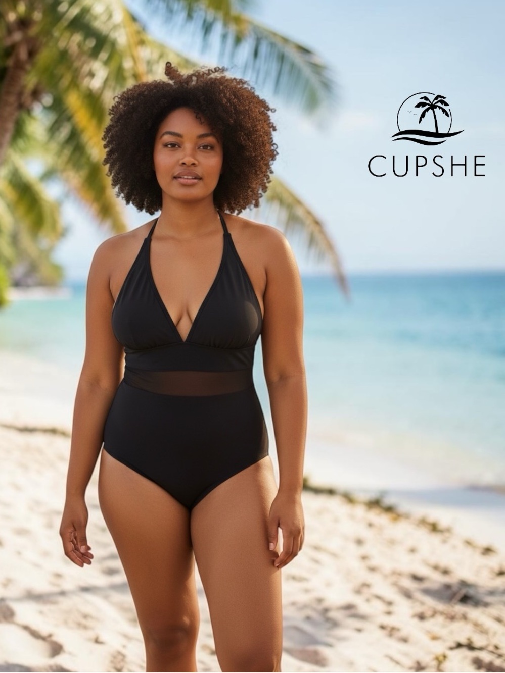 Cupshe x Tabria Majors, One-Piece Swimsuit, 3X, Black Mesh Plus Size